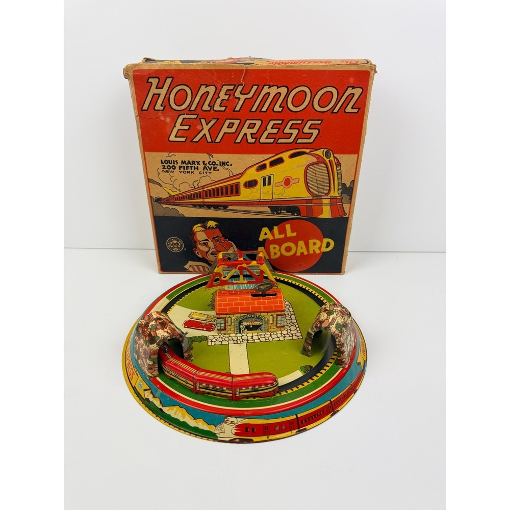Vintage 1920's MARX Honeymoon Express Wind Up Tin Train Toy Winds Up Works w/box